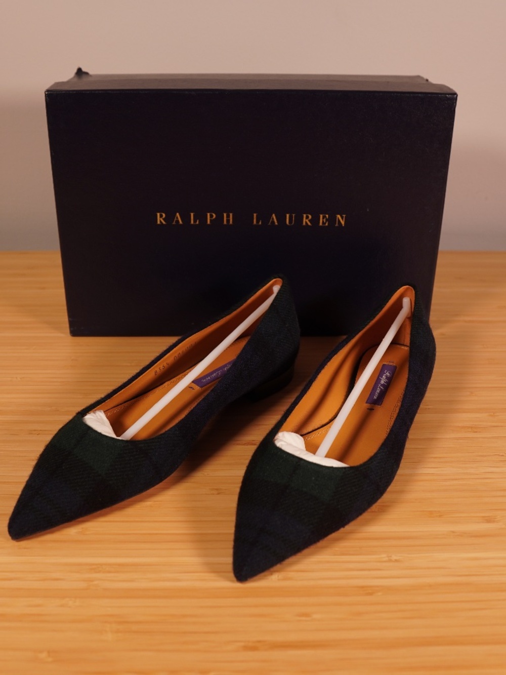 Ralph Lauren Collection Kendrya Ballet Flats Tartan Green Flannel Size 36.5